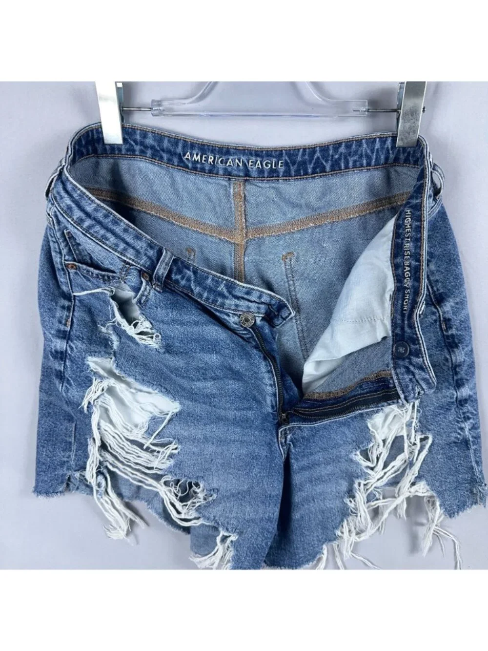 American Eagle Shorts Size 18 Baggy Blue Medium Wash Distressed High Rise Raw He